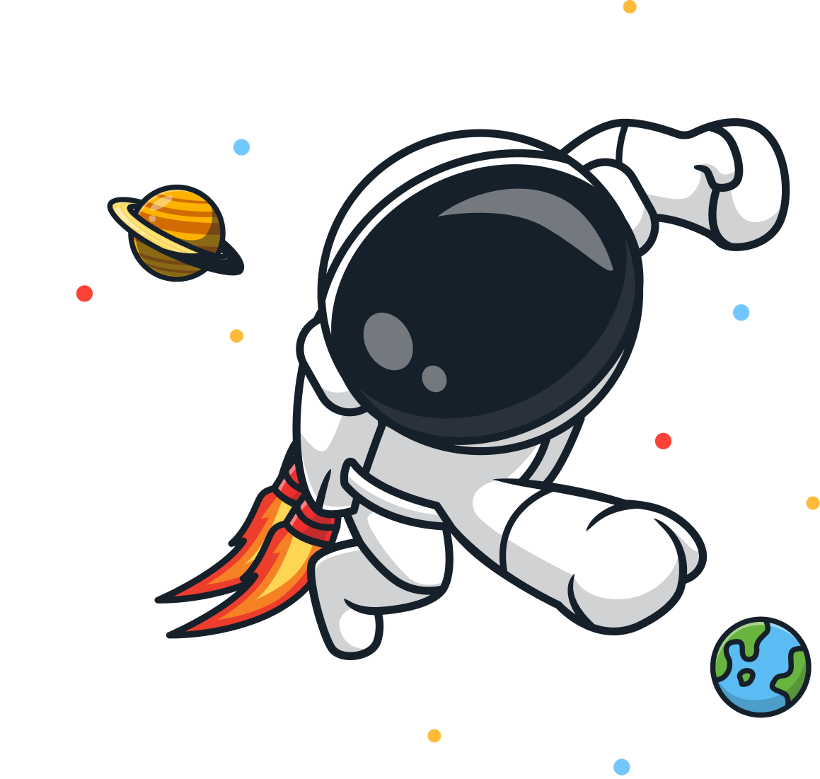 Astronaut floating among planets