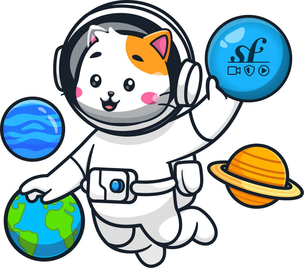 Astronaut cat in outer space flying between planets