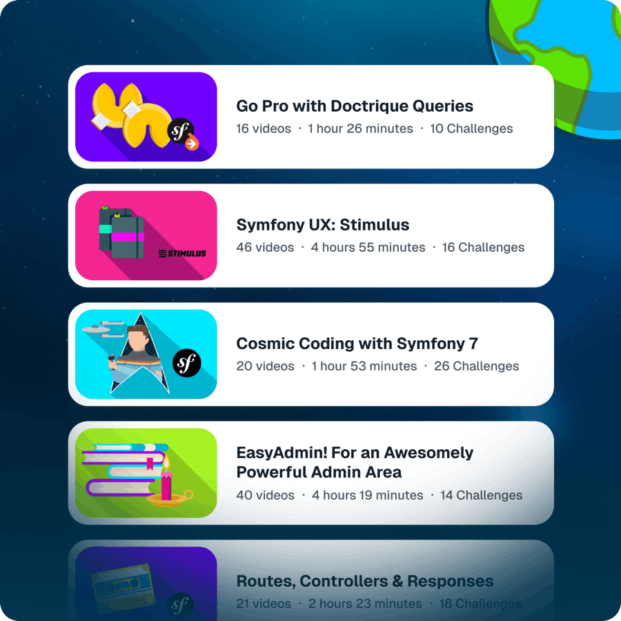 A sample of courses on SymfonyCasts