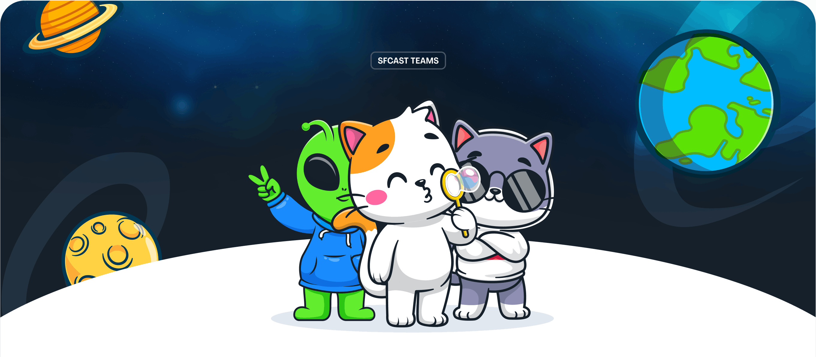 alien and two cats with space behind them